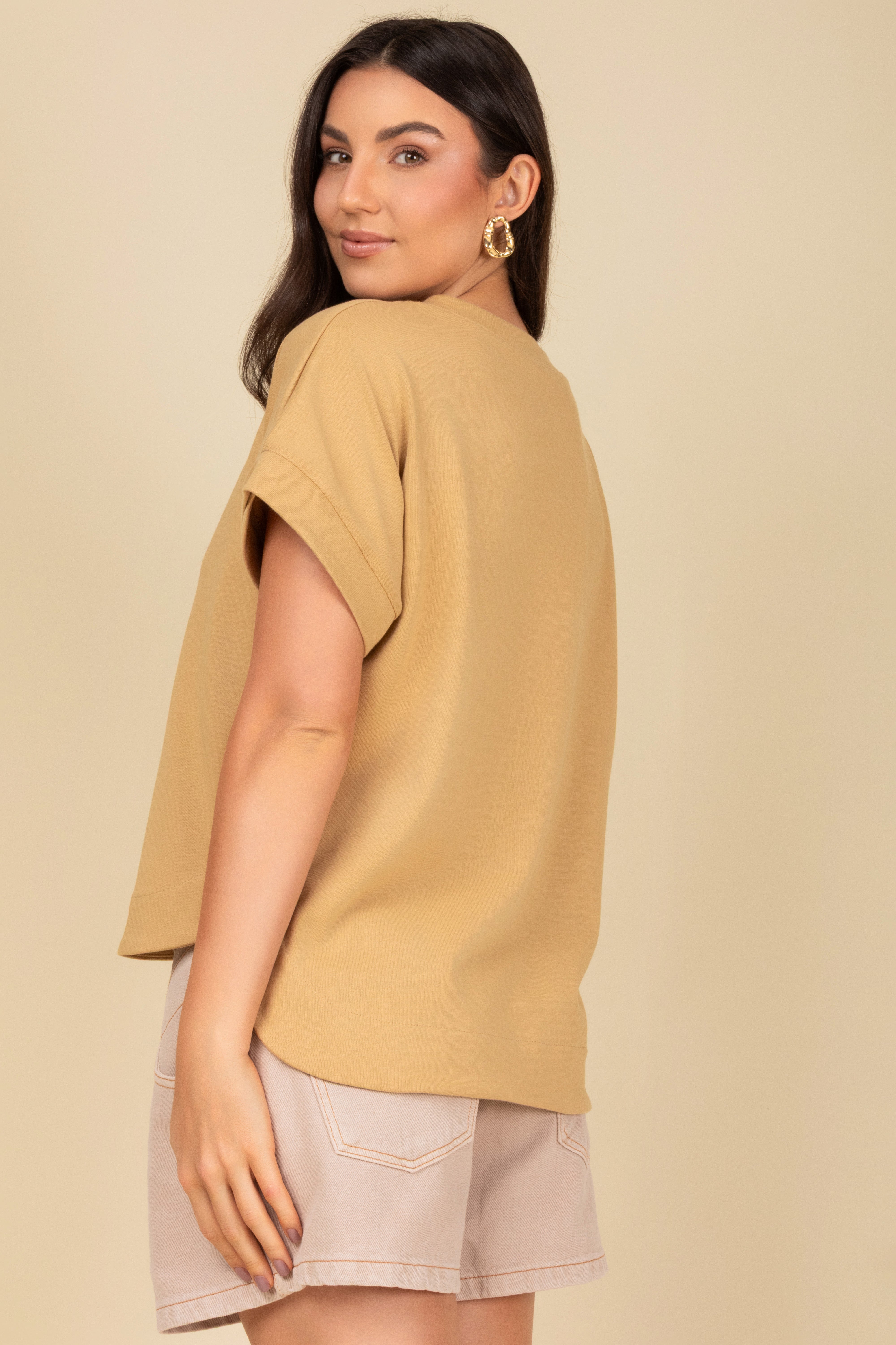 Blusa Decote em V com Manga Dobrada